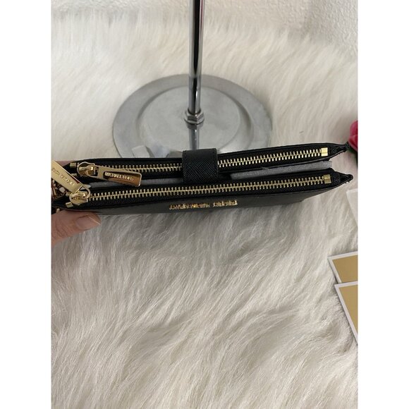 Michael Kors Saffiano Leather Double Zip Wallet Phone Case Wristlet Black Gold - Picture 6 of 10